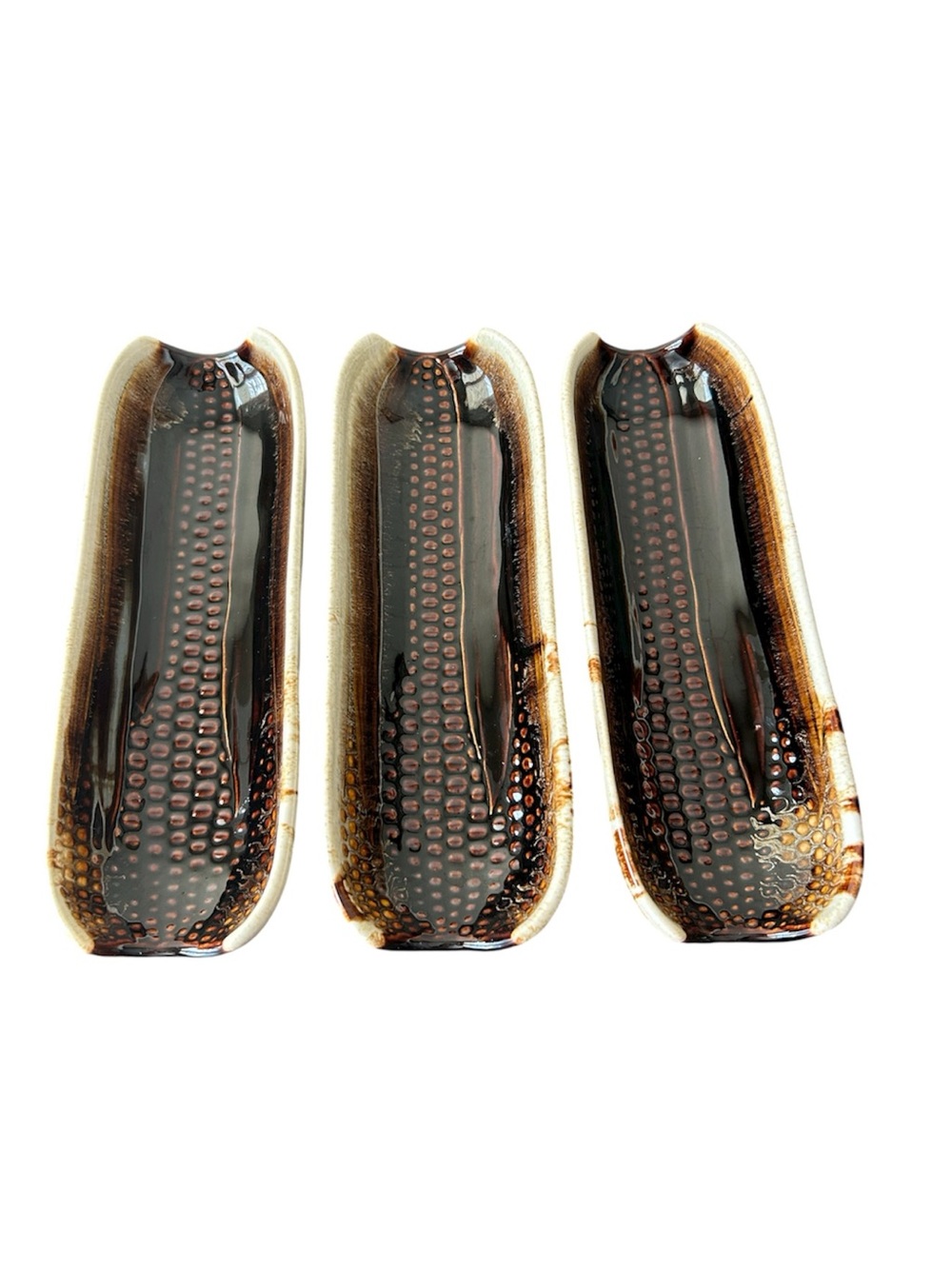 Pfaltzgraff VTG 70s  “Brown Drip" Ceramic Corn On The Cob Holder Dishes Set of 3